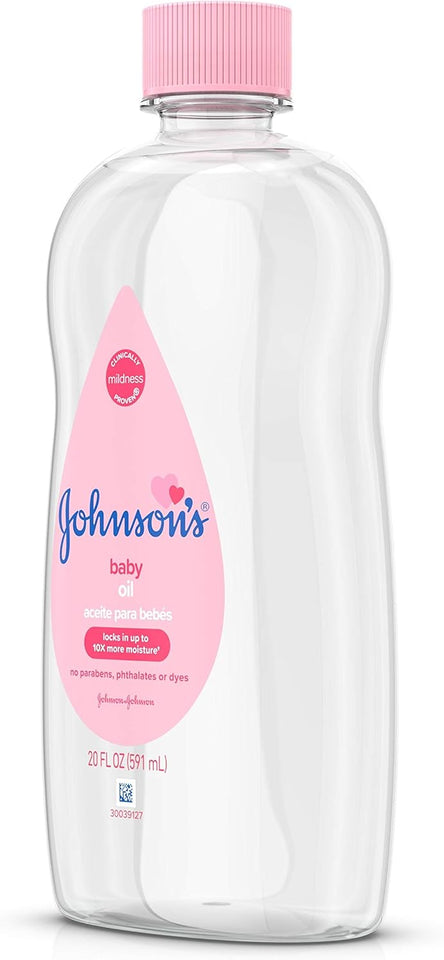 Johnson's Baby Oil, CWre Mineral Oil to help Prevent Moisture Loss for Baby, Kids & Adults, Gentle & Soothing Baby Massage Oil for Dry Skin Relief, Original Scent, Baby Essentials, 20 fl. oz