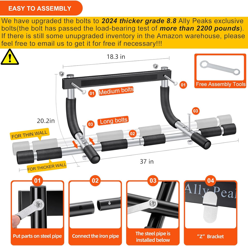 Ally Peaks CWll Up Bar for Doorway | Thickened Steel Max Limit 440 lbs Upper Body Fitness Workout Bar| Multi-Grip Strength for Doorway | Indoor Chin-Up Bar Fitness Trainer for Home Gym Portable