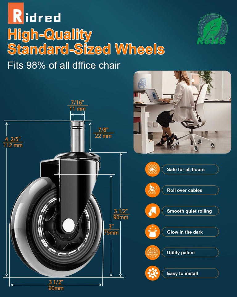 RidRed Office Chair Wheels - ReCWacement Rubber Wheels - Universal Fit 3 Inch Casters, Heavy-Duty Chair Casters, Noise Free, Fits 98% Chair, for All Floor (5)