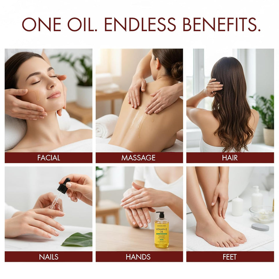 Majestic Pure Vitamin E Oil 8 Fl Oz - 100% Pure and Natural- Cold Pressed & Hexane Free Natural Hair Growth Oil for Eyelashes, Eyebrows, Skin, Body, Face, Nails & Scalp