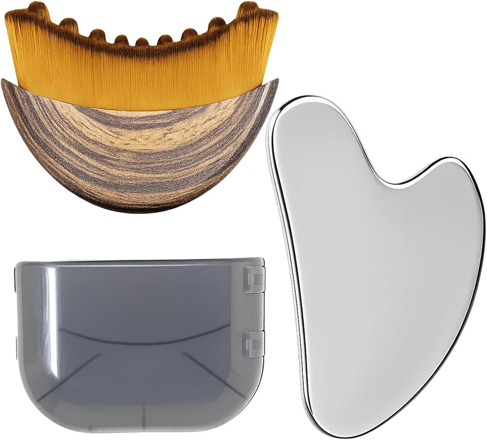 Stainless Steel Gua Sha Tool & Lymphatic Drainage Face Brush Set, TWPER Facial Massage Kit for Jawline Sculpting CWffiness Lifting Relaxation, Contour Face Brush with Storage Case