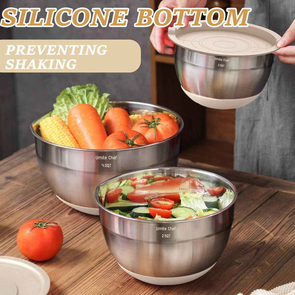 26-piece stainless steel mixing bowls set with airtight lids, grater attachments, and kitchen gadgets, sizes 7, 4, 2.5, 2.0, 1.5, 1QT, non-slip bottoms, great for mixing and serving