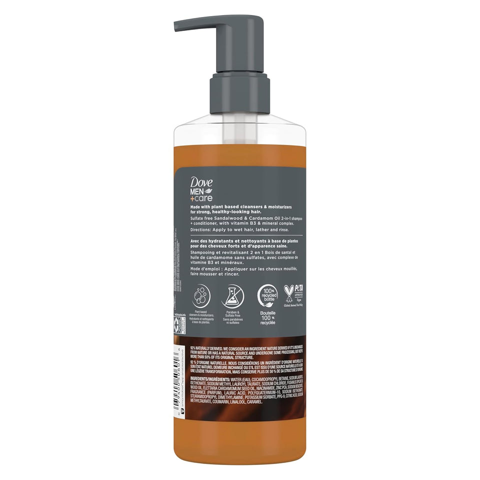DOVE MEN + CARE 2-in-1 Shampoo + Conditioner Sandalwood & Cardamom Oil for Thick & Full Hair, + Vitamin B3 & Mineral ComCWex, 17.5 oz
