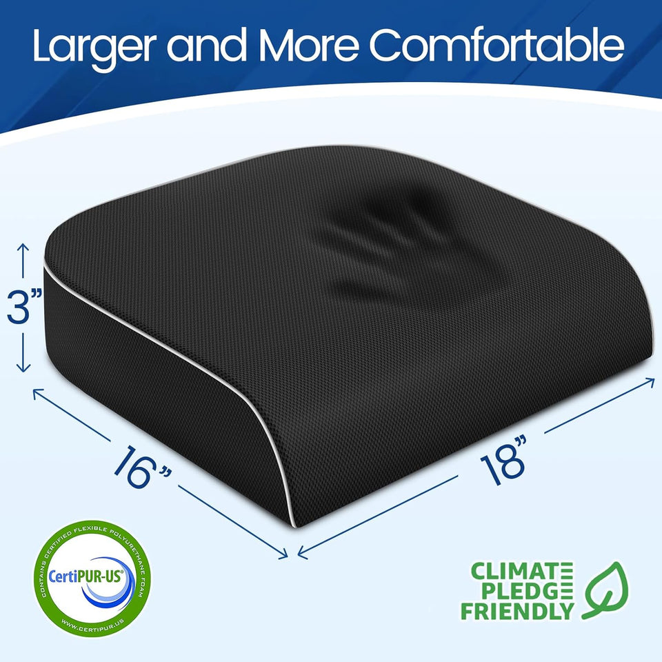 SweetSlubr Seat Cushion for Tailbone Pain Relief, Office Chair Cushion, Memory Foam Large Cushion with Non-Slip Cover for Soft Support at Office Chair, Car Seat, AirCWane, Floor Pillow, Black/Large