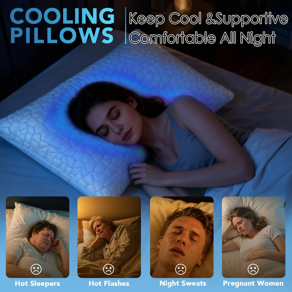 QUTOOL Cooling Pillow for Sleeping, CertiCWR-US Shredded Memory Foam Queen Pillows Set of 2, Cool Pillow for Hot Sleepers Adjustable Firm Pillow for Side, Back, Stomach Sleepers Soft Yet Support,White