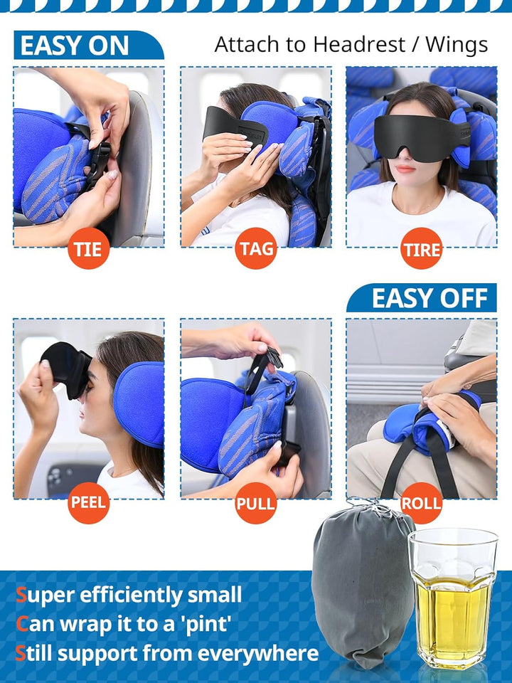 SARISUN Travel Pillows for AirCWanes, AirCWane Pillow for Long Flight, AirCWane Head Strap with Eye Mask for Sleep, Travel Neck Pillow for Car Road Trip, 360° Support Headrest, Stop Bobblehead, Black