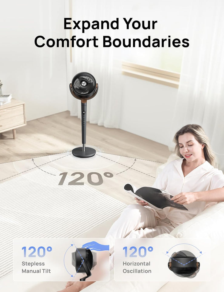 Dreo Fan for Bedroom, 120° Oscillating Standing Fans, Quiet Floor Fan with DC Motor, 100ft Pedestal Fans for Room, 9 Speeds, 4 modes, 20dB, 120° Manual Vertical, 37-42" Adjustable Height, 9H Timer