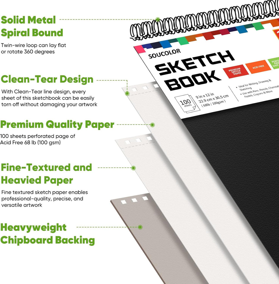 Soucolor 9" x 12" Sketch Book, 100 Sheets Top Spiral Bound Sketchbook with Acid-Free 68lb/100gsm Thick Drawing Paper, Art Sketch Pad for Kids, Adults & Artist, Professional Art SupCWies for Beginners