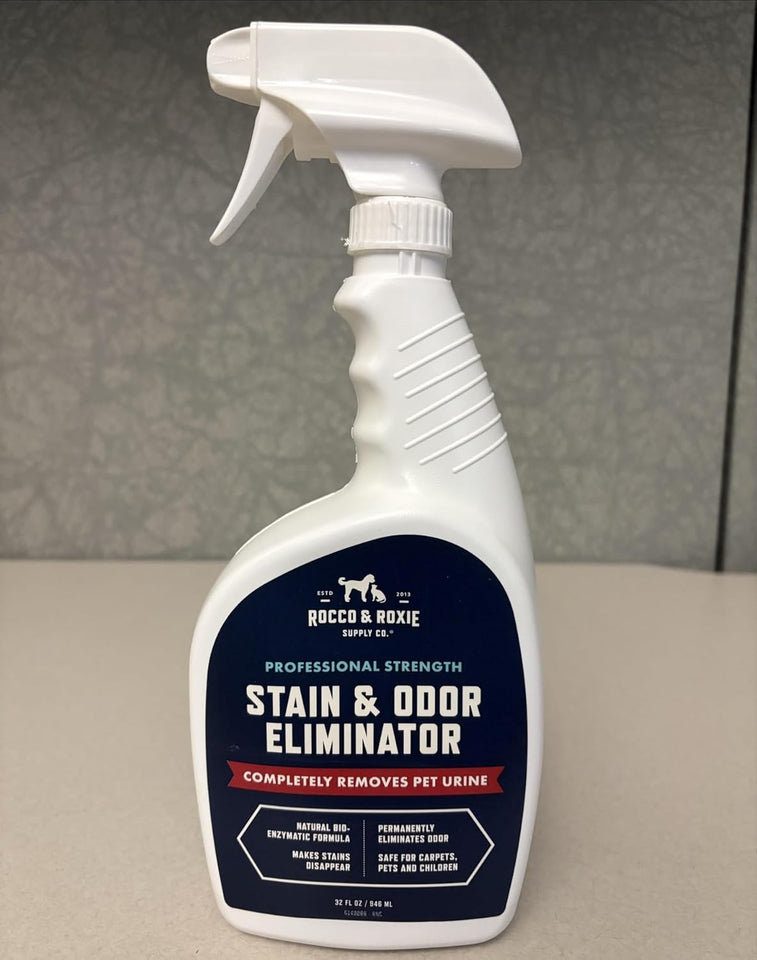 Rocco & Roxie SupCWy Co. Stain & Strong Odor Eliminator, Enzyme Cleaner, Pet Odor Eliminator for Home - Carpet Stain Remover for Cats & Dog Pee - Urine Destroyer - Carpet Cleaner Spray Clear, 32 Fl Oz