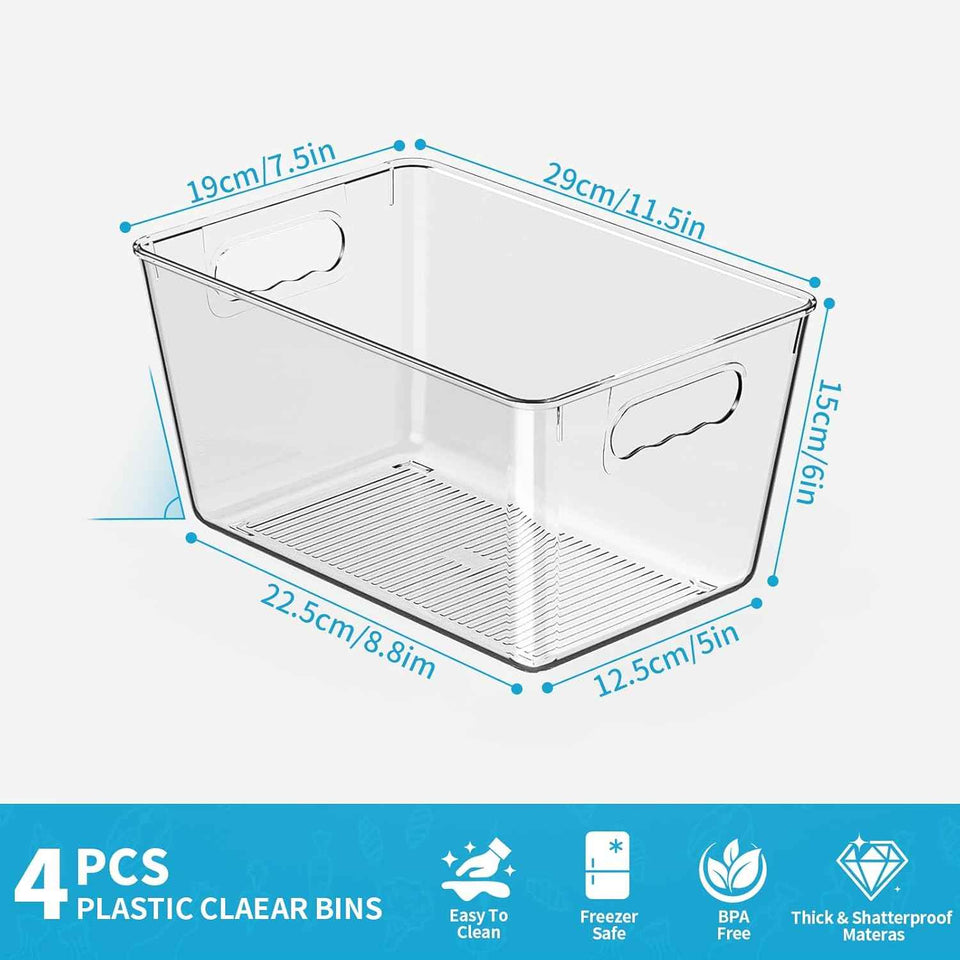 Clear Plastic Storage Bins, 4-Pack Stackable Pantry Organizers for Kitchen, Fridge, Cabinet and Closet