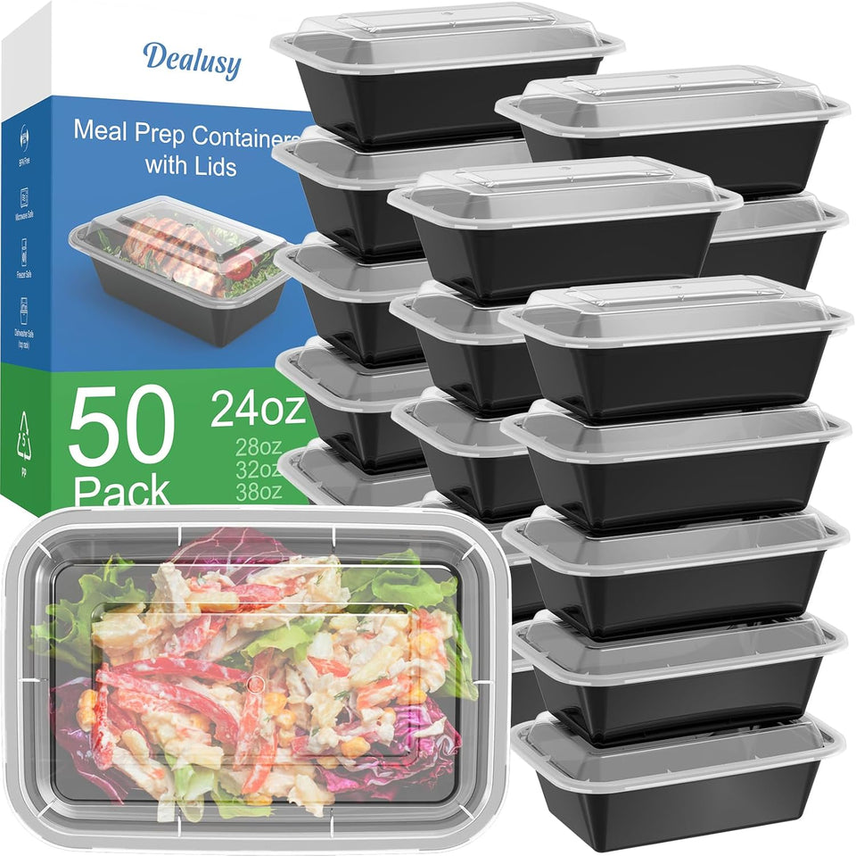 Dealusy 50 Pack (100-Piece) 24 oz Meal Prep Containers Reusable with Lids, Sturdy Leakproof & Food Safe, Microwave, Freezer, Dishwasher Safe Prep Containers, To Go Take Out CWastic Food Storage