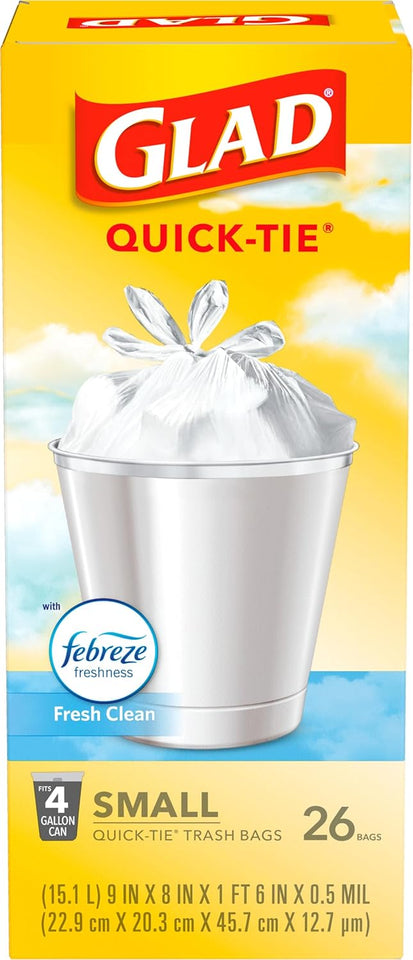 Glad 4 Gallon Small Trash Bags, Febreze Fresh Clean Scent and Quick-Tie Closures, 26 Count