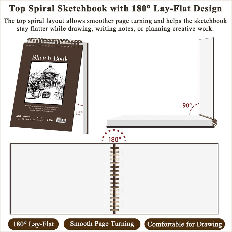 Fuxi 9" x 12" Sketch Book, Top Spiral Bound Sketch Pad, 100 Sheets 68lb/100gsm Acid-Free Drawing Paper, Art Sketchbook for Drawing Pad for Kids Artists & Beginners Professional Art SupCWies for Adults