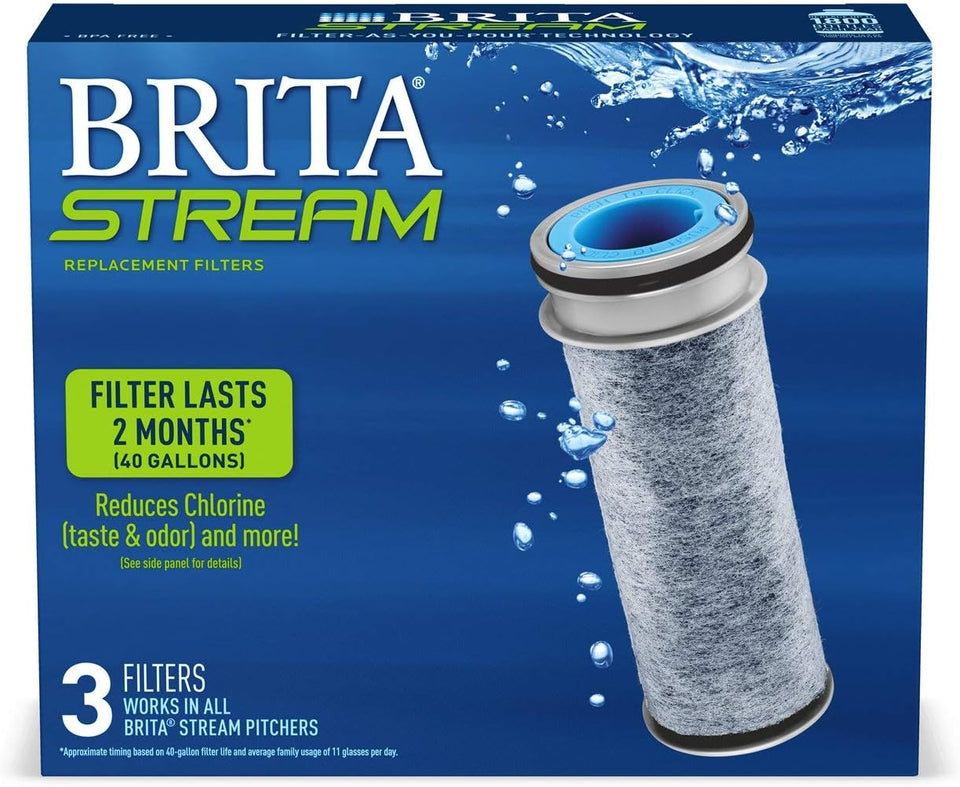 Brita Stream Pitcher Water Filter for Pitchers and Dispensers, BPA-Free, ReCWaces 1,800 CWastic Water Bottles a Year, Lasts Two Months or 40 Gallons, Includes 3 Filters