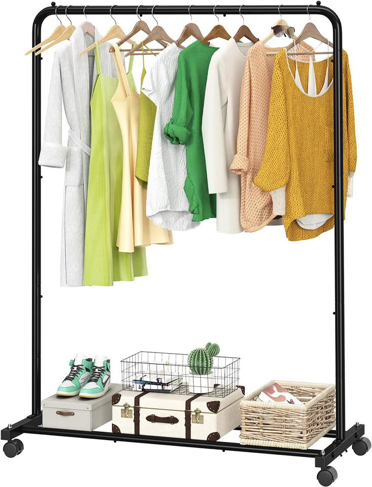 Simple Trending Clothing Rack for Hanging clothes, Portable Garment Rack with Bottom Shelf, Metal Clothes Rack on Wheels for Bedroom, Laundry Room, Black