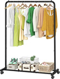 Simple Trending Clothing Rack for Hanging clothes, Portable Garment Rack with Bottom Shelf, Metal Clothes Rack on Wheels for Bedroom, Laundry Room, Black