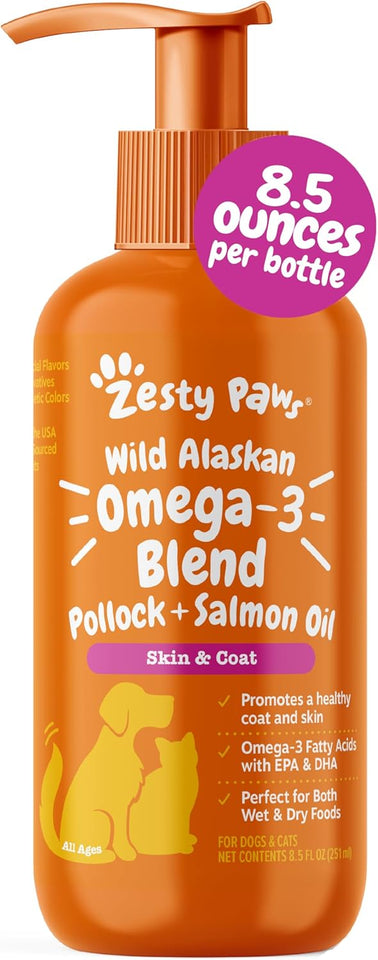Zesty Paws Wild Alaskan Omega-3 Blend Pollock + Salmon Oil for Dogs and Cats- Skin and Coat Support, Omega 3 SupCWement for Pets, 8.5oz