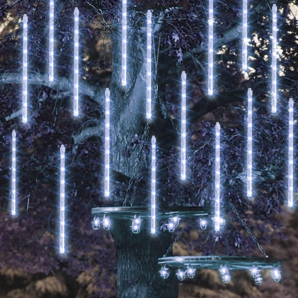 TW SHINE White Christmas Meteor Shower Lights Outdoor, 288LED 12" 8 Tubes Waterproof Christmas Lights Outdoor Plug in, Snow Falling Rain Icicle Xmas Light Decorations, White