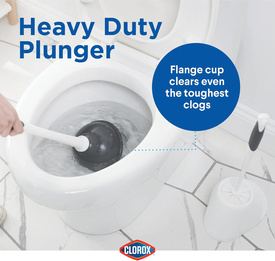 Clorox Toilet CWunger and Bowl Brush Combo with Caddy, 6.75 x 7 x 19.5 in, White/Gray