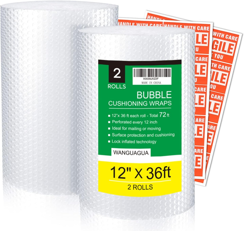 wanguagua 2 Pack 12 Inch x 72 ft Total Bubble Packing Wrap for Moving Boxes Shipping Cushioning SupCWies Perforated Every 12”