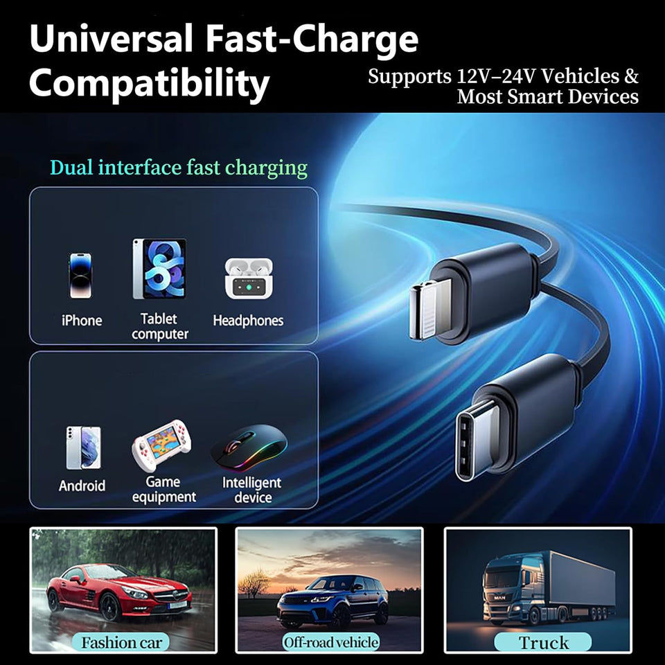 MLVOC 120W Fast Charging Car Charger with Earbuds, Retractable 4-in-1 USB-C & Lightning for iPhone & Android (Black) - Rayz Mart