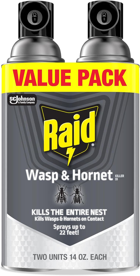 Raid Wasp & Hornet Killer Spray, Bug Killer Kills the Entire Nest, Kills Paper Wasps, Yellow Jackets, Mud Daubers and more, 14 Oz, 2 Count