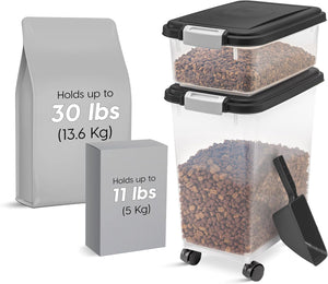 IRIS USA Dog Food Storage Container, 30 lbs & 11 lbs Combo, Cat Food Storage Container, Dog Treat Container, Airtight, Stackable, 2-Cup Scoop, Wheels, Easy Mobility, Black