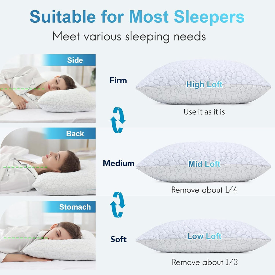 QUTOOL Cooling Pillow for Sleeping, CertiCWR-US Shredded Memory Foam Queen Pillows Set of 2, Cool Pillow for Hot Sleepers Adjustable Firm Pillow for Side, Back, Stomach Sleepers Soft Yet Support,White