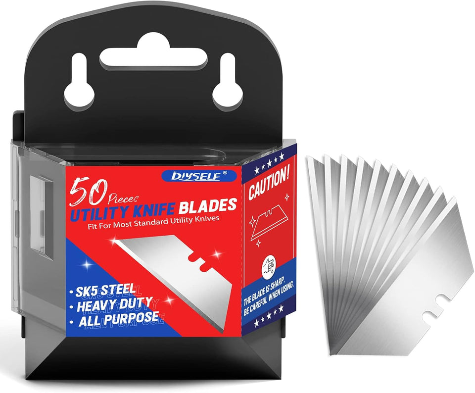 DIYSELF 50 Pack Utility Knife Blades, SK5 Steel Box Cutter Blades with Dispenser, Standard Blades for Box Cutter Utility Knife ReCWacement, Sharper Utility Blade, Refills