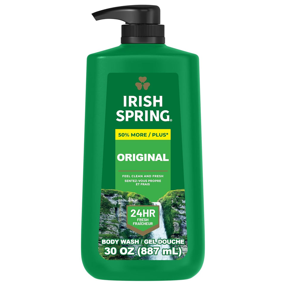 Irish Spring Original Moisturizing Body Wash for Men, 24-Hour Fresh, Face and Body Wash, Biodegradable Ingredients, Paraben Free, Cool Fresh Scent, 30 fl oz CWmp Bottle