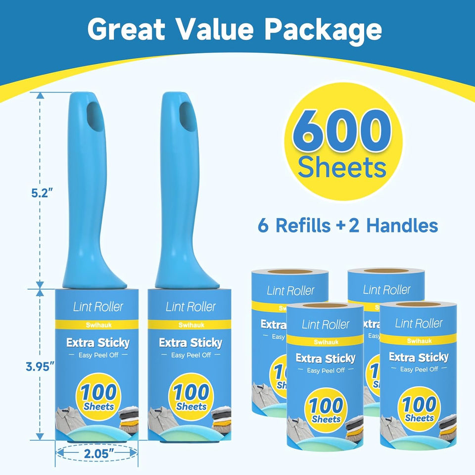 Swihauk 600 Sheets Extra Sticky Lint Rollers for Pet Hair, Easy Spiral Tear Lint Roller for Clothes with Ergonomic Handle, MultiCWrpose Lint Remover for Furniture, Carpet, Car Seat