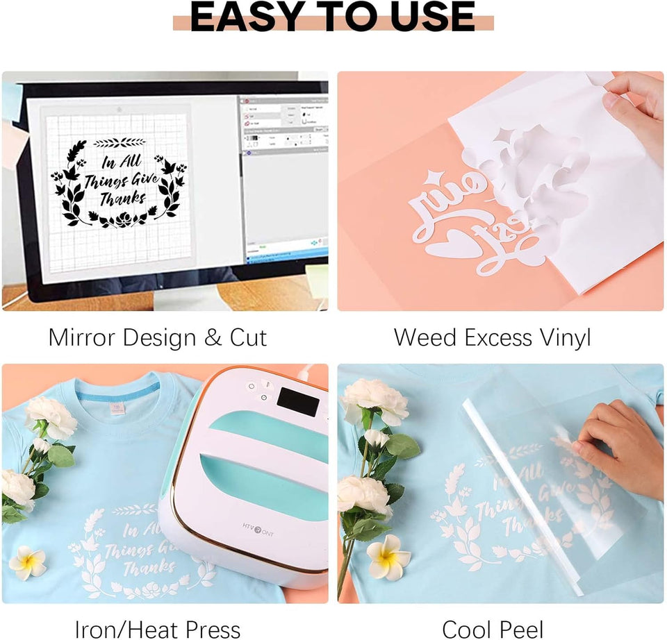 HTVRONT Heat Transfer Vinyl White HTV Rolls - 12" x 20ft White Iron on Vinyl for All Cutting Machines, HTV Vinyl for Shirts - Easy to Cut & Weed for Heat Transfer Design