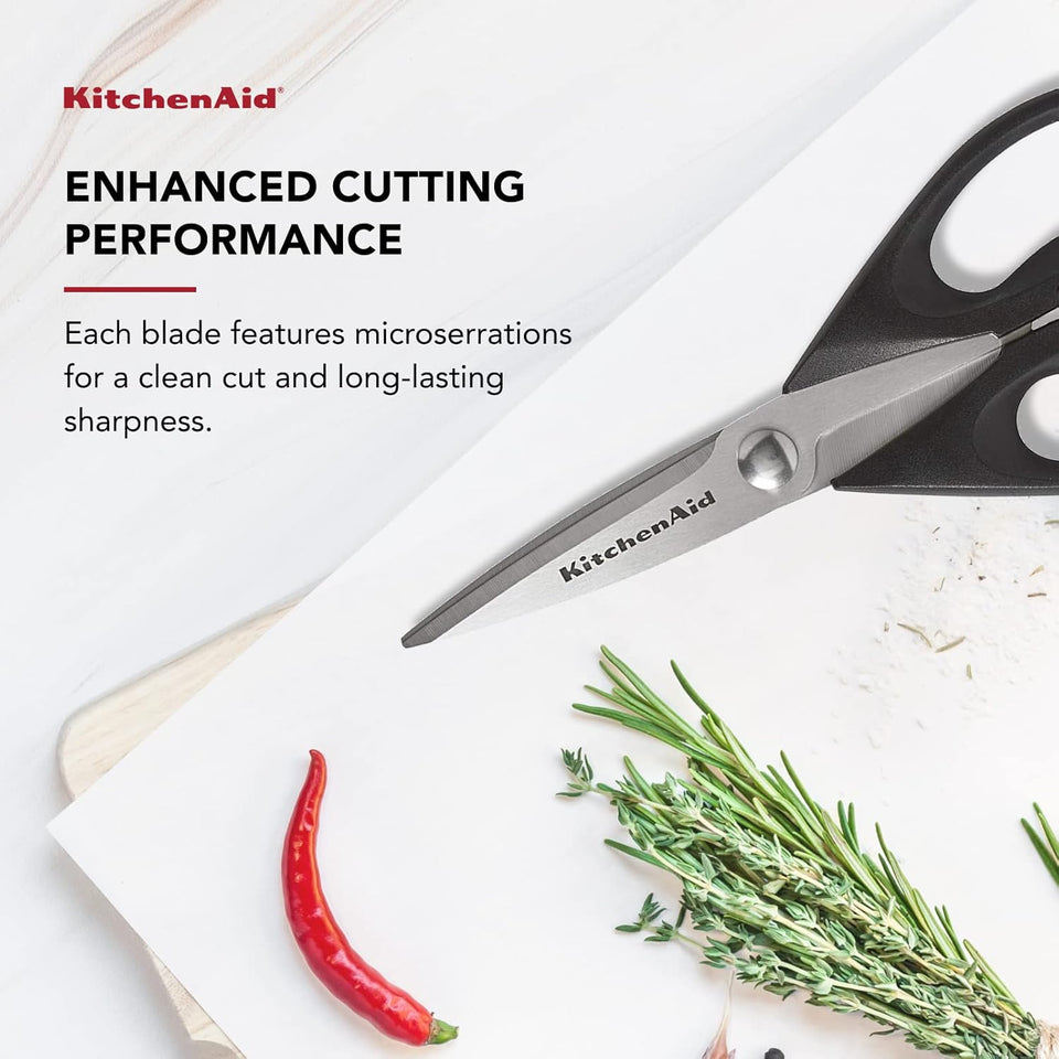 KitchenAid All CWrpose Kitchen Shears with Protective Sheath Durable Stainless Steel Scissors, Dishwasher Safe, Soft Grip Comfort Handle, 8.72 Inch, Black
