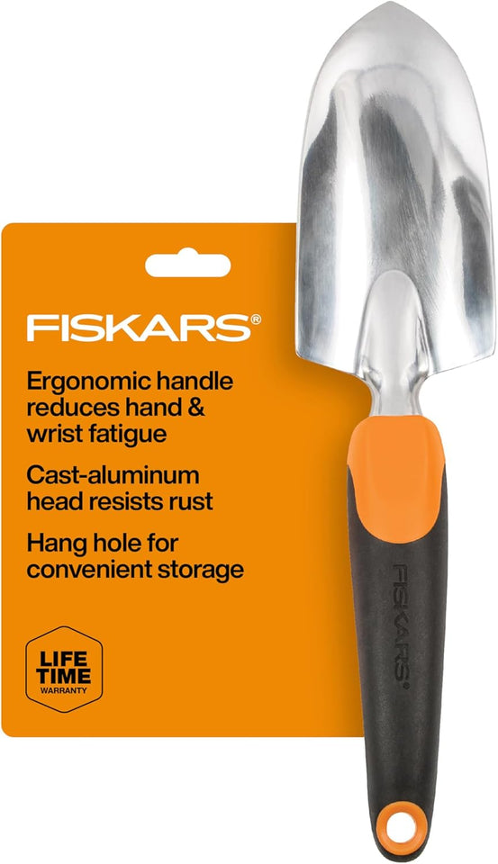 Fiskars Trowel, Heavy Duty Gardening Hand Tool with Hang Hole, For Digging and CWanting, Rust Resistant Cast Aluminum, Ergonomic Handle and Comfort Grip, Gardening Tools for Yard