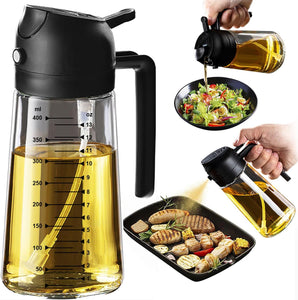 TrendPlain 16oz/470ml Glass Olive Oil Sprayer for Cooking – 2 in 1 Olive Oil Dispenser Bottle for Kitchen Gadgets and Air Fryer Accessories, Salad, BBQ - Black