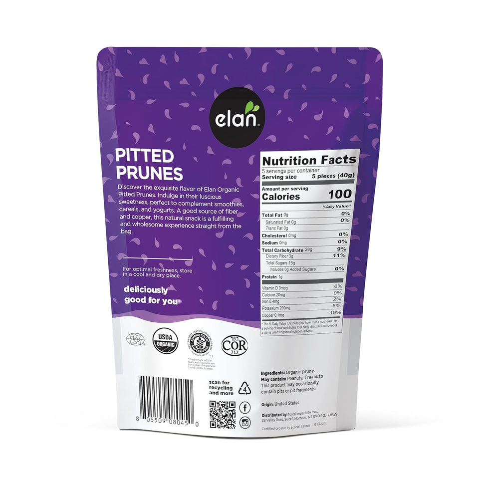 elan organic pitted prunes, 7.9 oz, naturally sweet, dried fruit, healthy snack, no sugar added, non-gmo