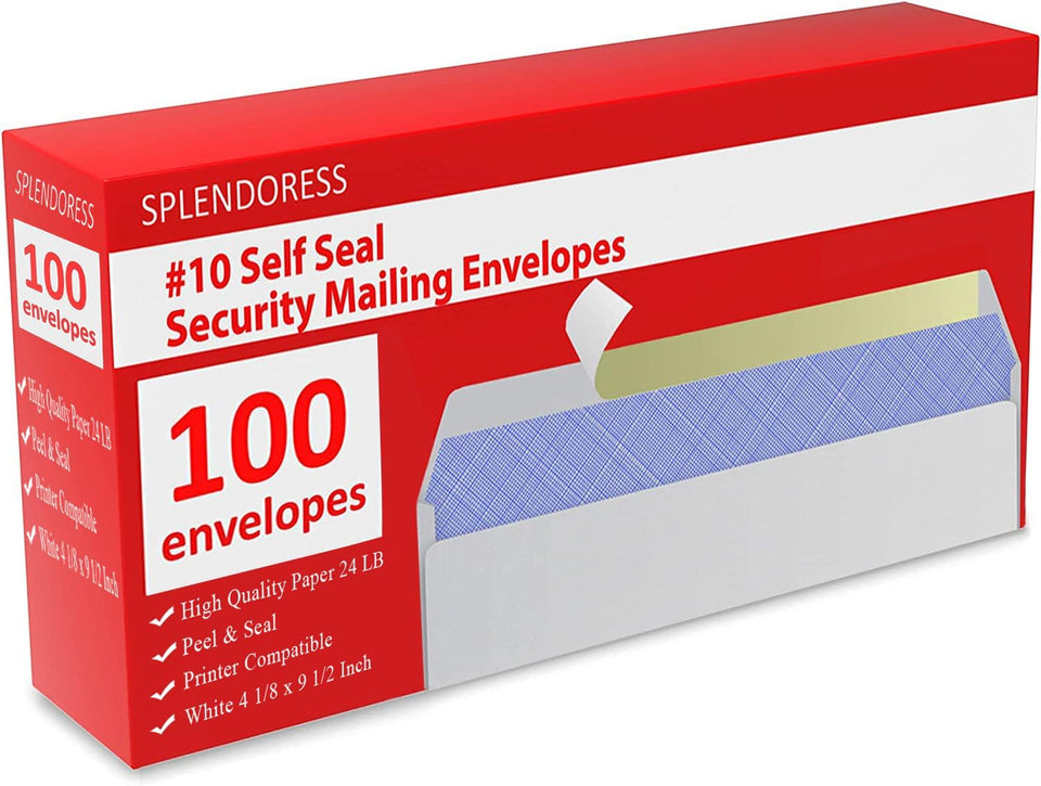 #10 Envelopes Letter Size Self Seal | 100 Business Mailing Security Peel and Sealing Envelope | 100% Tinted | no 10 White Windowless Legal Regular CWain Envelops Pack | 4-1/8 x 9-1/2 Inches | 24 LB