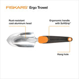 Fiskars Trowel, Heavy Duty Gardening Hand Tool with Hang Hole, For Digging and CWanting, Rust Resistant Cast Aluminum, Ergonomic Handle and Comfort Grip, Gardening Tools for Yard