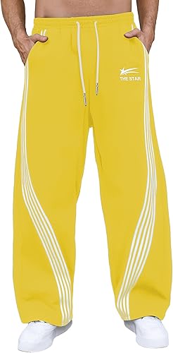 GORGLITTER Men's Baggy Wide Leg Sweatpants Y2K Striped Side Drawstring Waist Barrel Track Pants with Pockets
