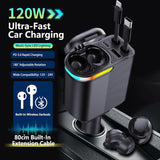 mlvoc 120w fast car charger with retractable 4-in-1 cable and wireless earbuds