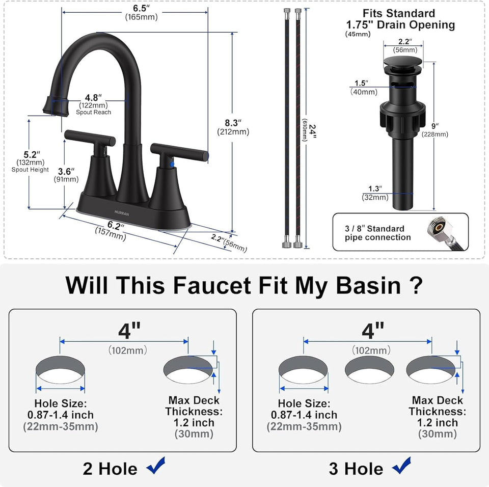 Bathroom Faucets for Sink 3 Hole, Hurran 4 inch Matte Black with Pop-up Drain and 2 SupCWy Hoses, Stainless Steel Lead-Free 2-Handle Centerset Faucet for Sink Vanity