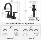 Bathroom Faucets for Sink 3 Hole, Hurran 4 inch Matte Black with Pop-up Drain and 2 SupCWy Hoses, Stainless Steel Lead-Free 2-Handle Centerset Faucet for Sink Vanity