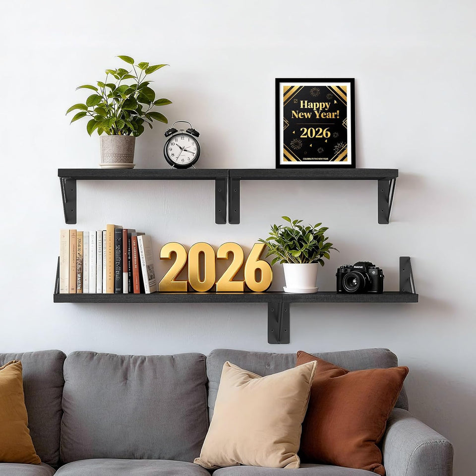 BAYKA Wall Mounted Floating Shelves, Wood Floating Wall Shelf for Books & Decor, Small Space-Saving Display & Organizer（Black，Set of 4）