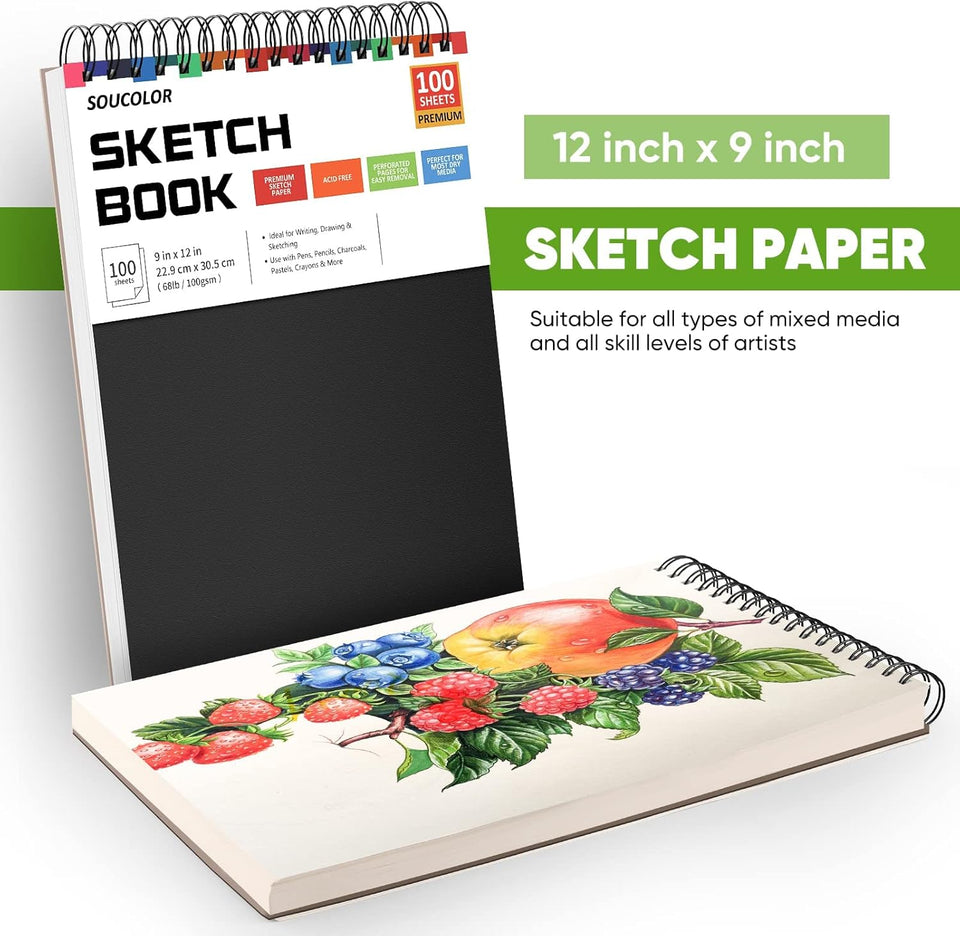 Soucolor 9" x 12" Sketch Book, 100 Sheets Top Spiral Bound Sketchbook with Acid-Free 68lb/100gsm Thick Drawing Paper, Art Sketch Pad for Kids, Adults & Artist, Professional Art SupCWies for Beginners