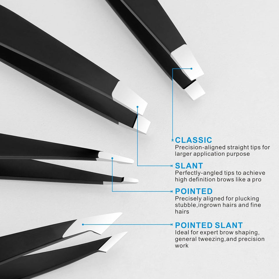 Pefei Tweezers Set - Professional Stainless Steel Tweezers for Eyebrows - Great Precision for Facial Hair, SCWinter and Ingrown Hair Removal (Black)