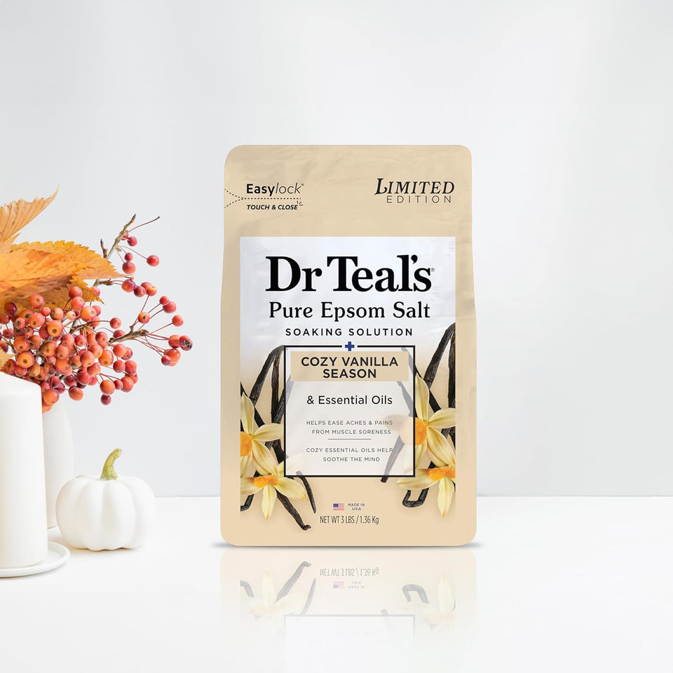 dr teals epsom salt magnesium soak, limited edition cozy vanilla season, 3lbs, relax, unwind, spa, self-care