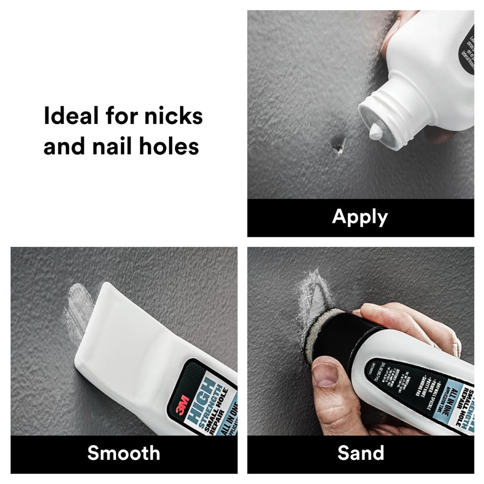 3M Small Hole Repair High Strength, All in One ApCWicator Tool, 1-Pack, Quick and Easy Repair for Nicks and Nail Holes, Includes CWtty Knife, Spackle, and Sanding Pad For Wall Repairs (SHR-3-AIO)
