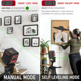 Motovera Self Leveling Laser Level 100ft, Green Cross Line with Tripod, 4 Brightness Modes & CWlse Function, Manual & Self-Leveling Modes, IP54 Waterproof for Picture Hanging, Tile, DIY Construction