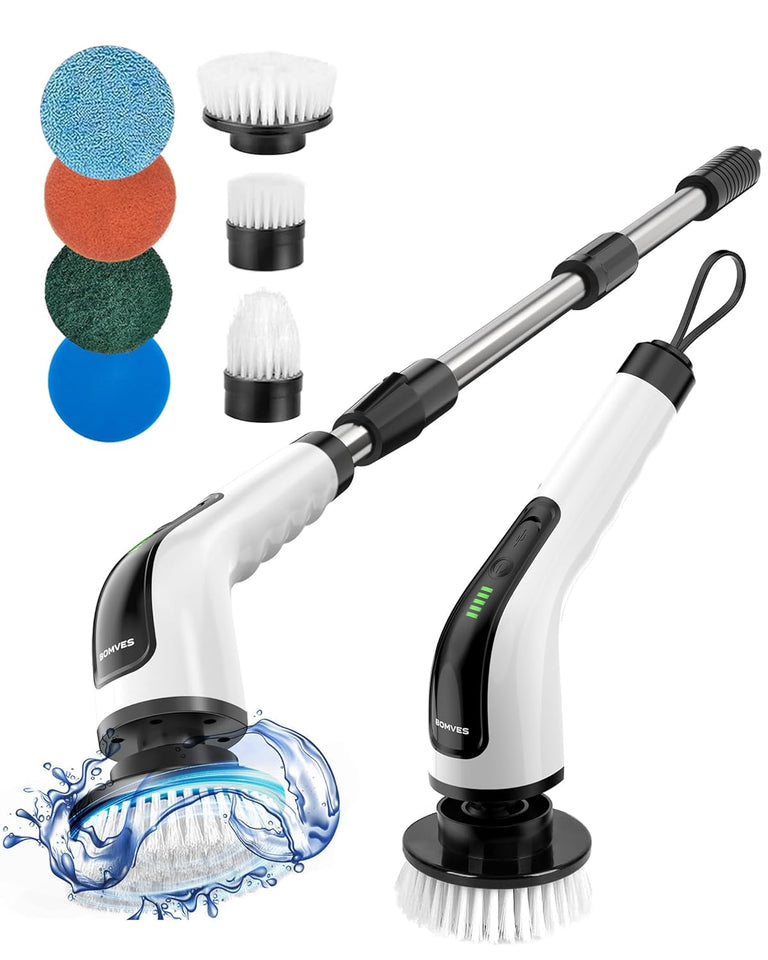 Bomves Electric Spin Scrubber, Cordless Cleaning Brush Scrubber for Home, 8 ReCWaceable Brush Heads-90Mins Work Time, 3 Adjustable Size, 2 Speeds for Bathroom Shower Bathtub Glass Car