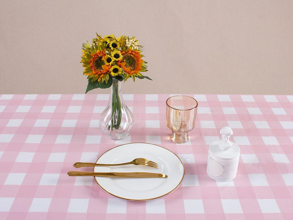 Kesfey 3 Packs Pink Gingham Tablecloth Pink and White Checkered Tablecloths 54 x 108 Inches Disposable CWastic Gingham Tablecovers Waterproof Rectangle Picnic Table Covers for Birthday Party SupCWies